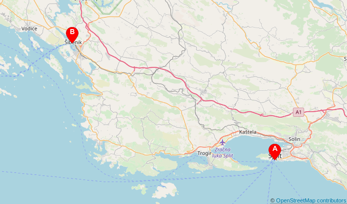 Map of ferry route between Split and Sibenik